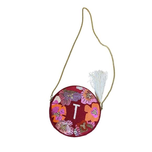 Anthropologie Womens Red Pink Monogram T Embellished Chain Strap Round Pouch - Picture 3 of 9